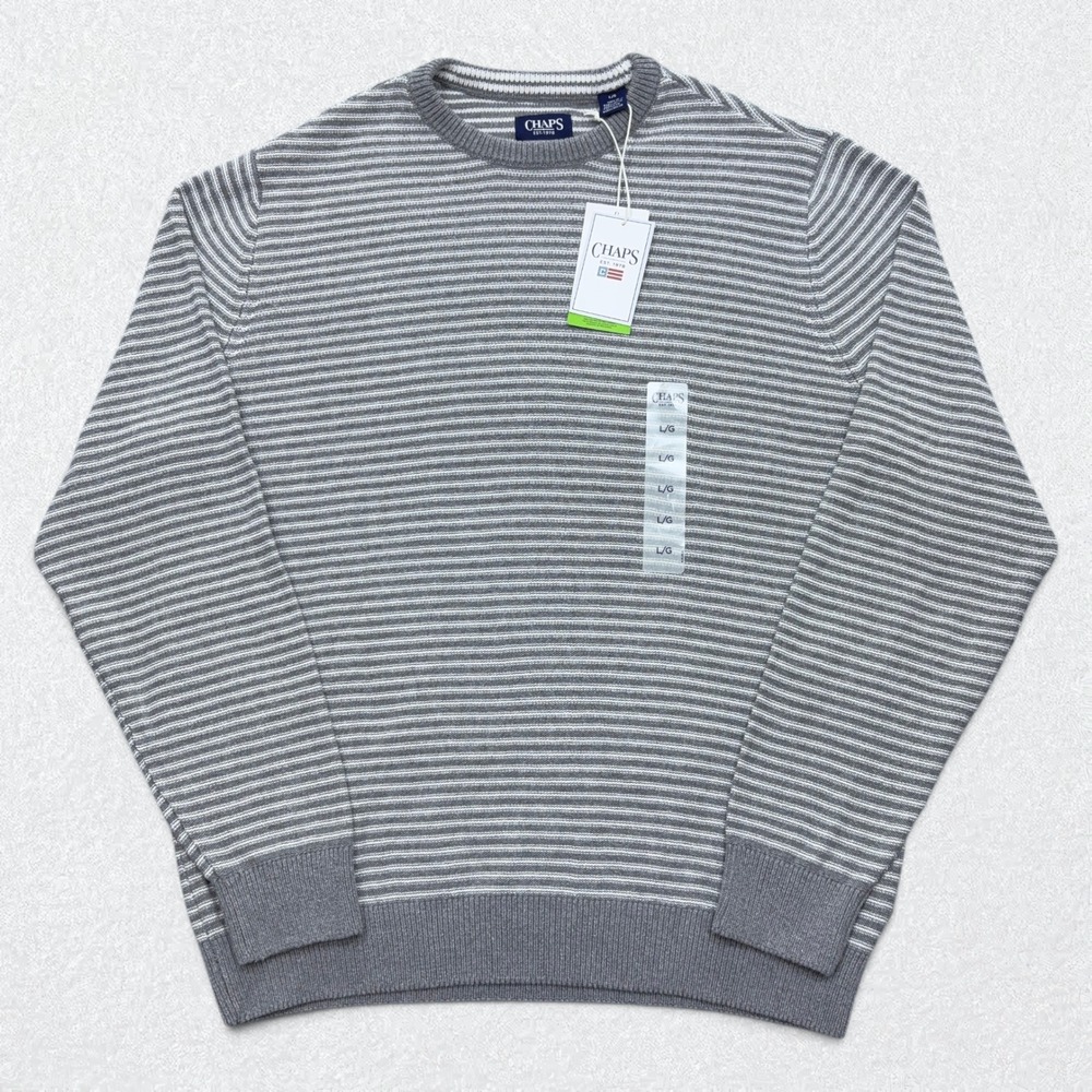Chaps Sweater Mens Large Gray Striped Crew Neck Knit Stretch Pullover Preppy NWT